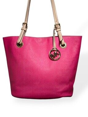 Michael Kors Tote Bag Hot Pink Tan Coated Canvas Leather Handles Jet Set Purse